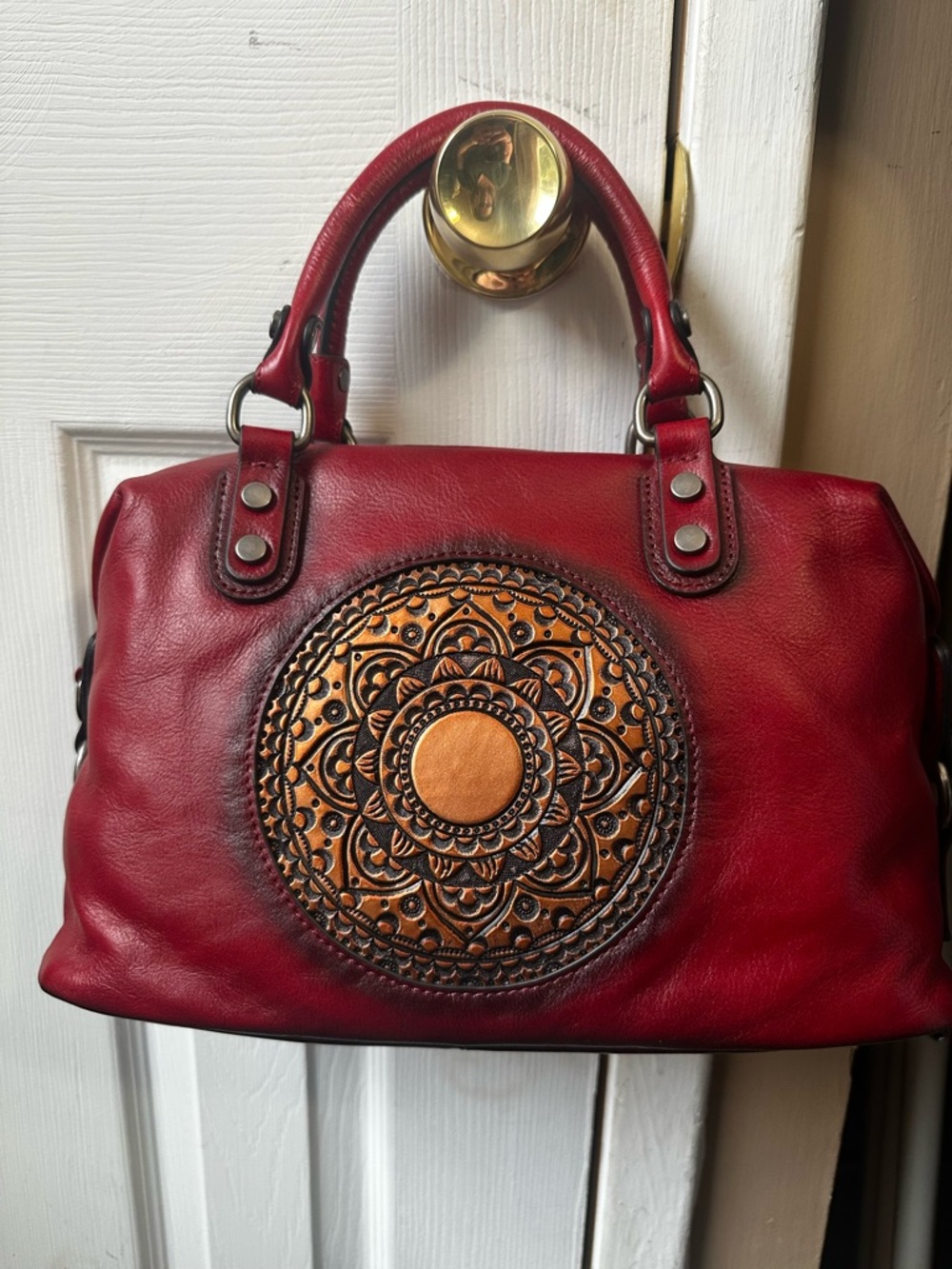 Zhuoliang Red Italian Leather Satchel Handbag with Embossed Medallion